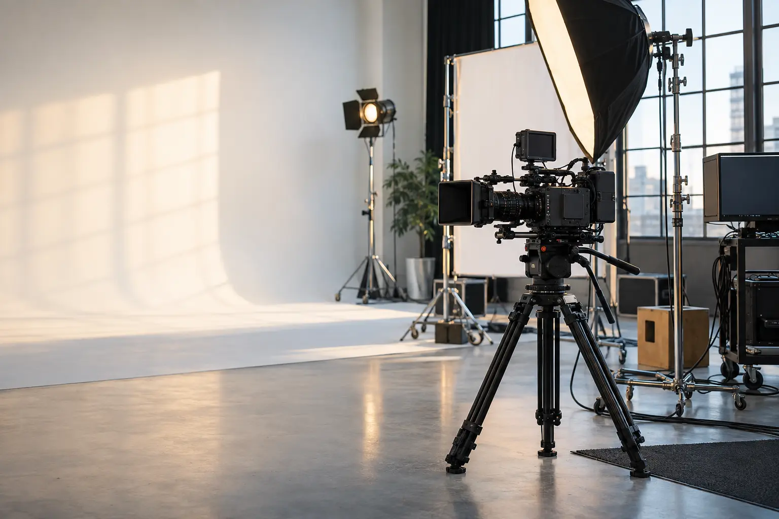 Professional cinema camera and lighting equipment in a production studio